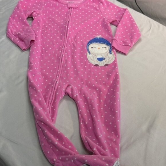 Carter's - 3T - Pink Polka Dot Fleece Onesie Sleeper with Penguin Patch - Picture 1 of 4
